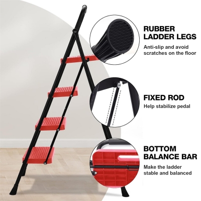 [US Direct]Portable Folding Ladder Red 4 Step Anti-Slip Wide Pedal Versatile Use for Home Office Garden COD [1999955]