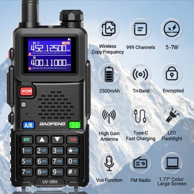 Baofeng UV-5RH 5W Tri-band EU Walkie Talkie 1.77inch Screen Large Range 2500mAh Type-C Rechargeable Handheld Two-way Radio with LED Flashlight FM Radio C [2002132]