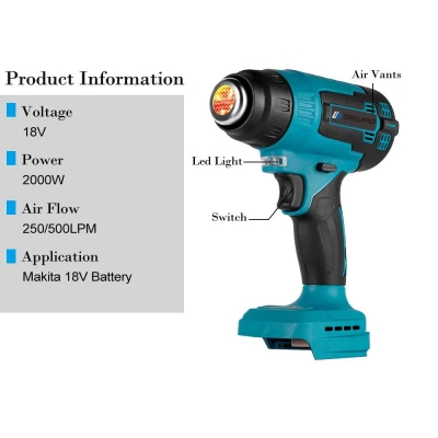 Drillpro 2000W Electric Heat Gun with 18V Power and High-Quality Ceramic Heating Core Features 3PCS Quick Dismantling Nozzles and LED lighting Suitable for Welding Soldering and Drying [2006049]