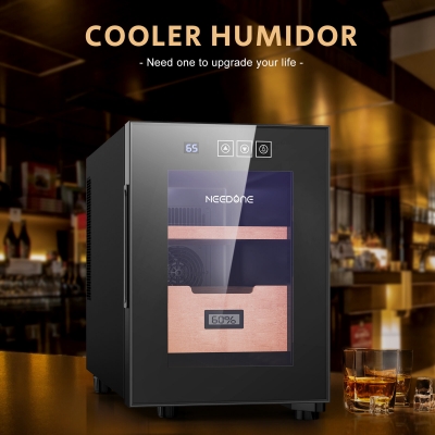 NEEDONE 16L Cooler Humidor, Electronic Humidor with Heating (100 Capacity) with Spanish Cedar Wood Shelves Upgraded Version with Digital Hygrometer Displays [1939255]