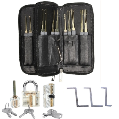 26PCS Locksmith Training Set Spring Steel with 3 Transparent Padlocks For Easy Visual Learning Portable Design Includes Automatic Unlock Gun Diverse Lock Picks Perfect for Beginners [2005758]