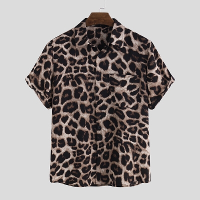 OUTDOOR Summer Leopard Print Shirts Fashion Men Short Sleeve Lapel Shirt Casual Floral Blouse Men Hawaiian Beach Tops COD [1780223]