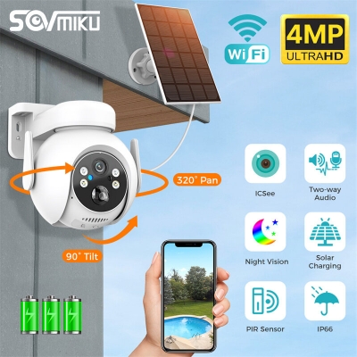 Sovmiku WTD614 2K 4MP Solar PTZ WiFi Camera Outdoor Wireless IP Cam with Solar Panel Night Vision Humanoid Detection Two-way Audio Video Surveillance Cameras IP66 Waterproof 7800mAh Rechargeable Batte [2009643]