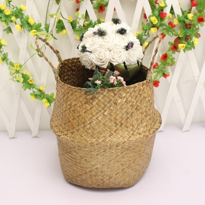 Folding Flower Pot Plant Straw Storage Baskets Flower Vase Handmade Hanging Basket Home Decor [1138833]